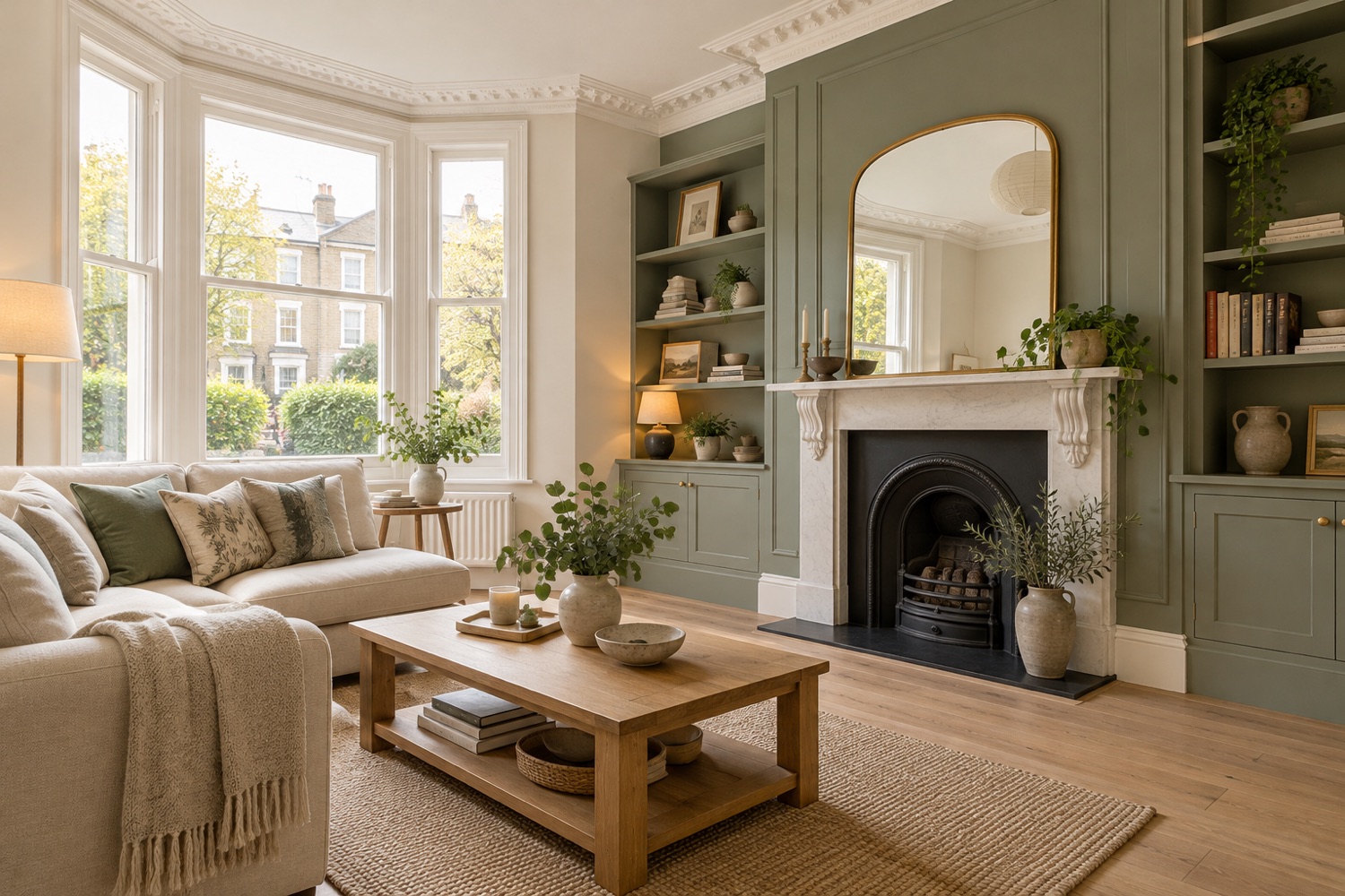 AI-generated decorated living room in the Alder and Stone multi-page example