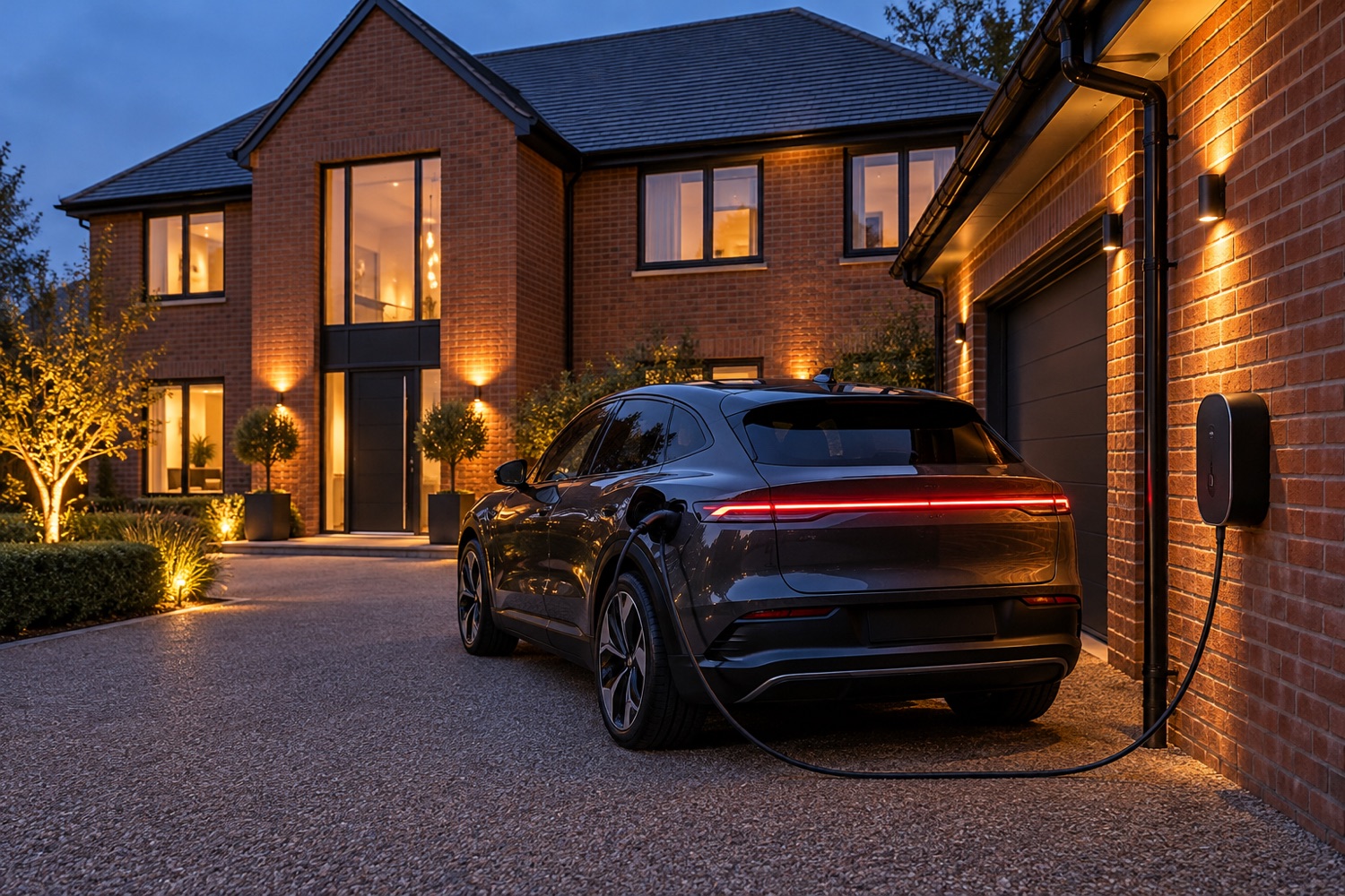 AI-generated electric vehicle charging on a private UK driveway