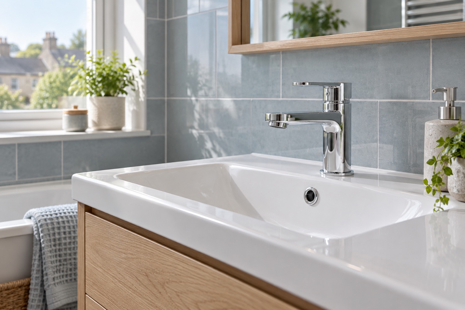 AI-generated chrome basin tap and white sink
