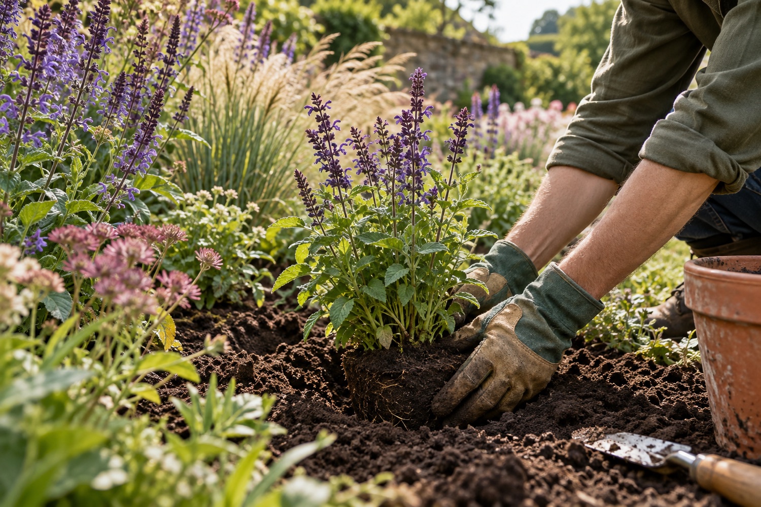 AI-generated hands planting a perennial in a garden border