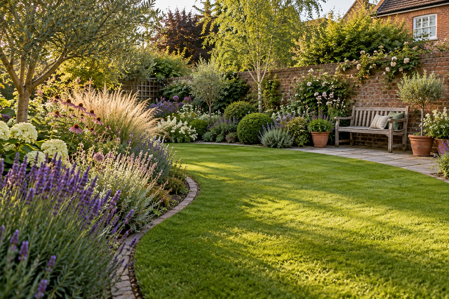 AI-generated garden with a curved lawn and flowering borders
