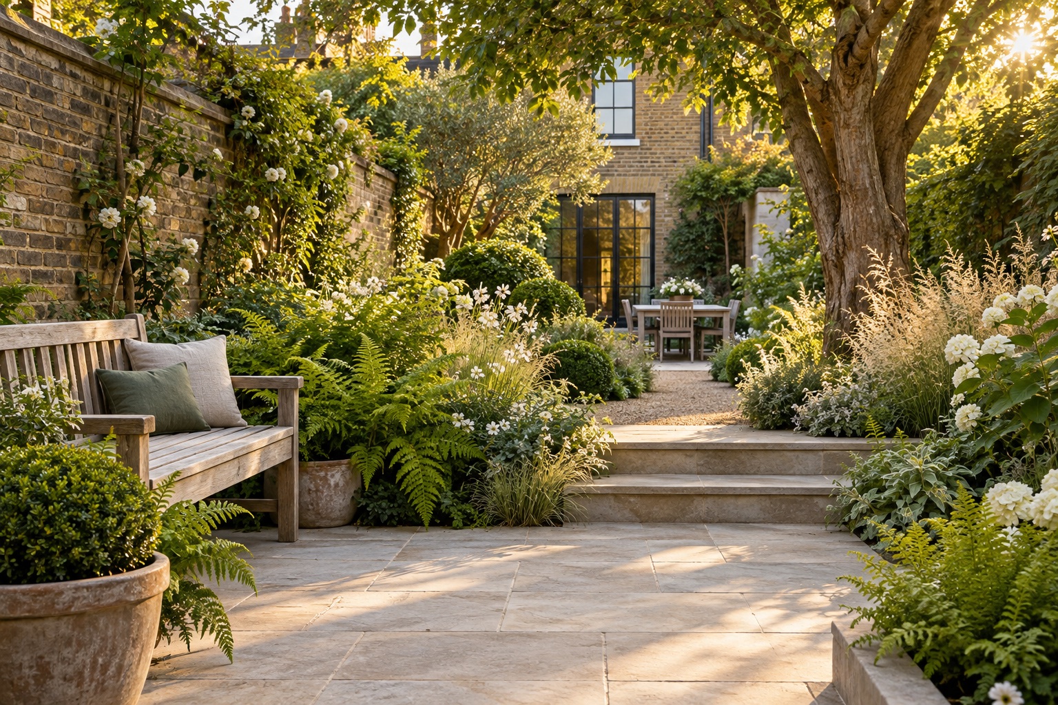 AI-generated lush English courtyard garden with a stone terrace