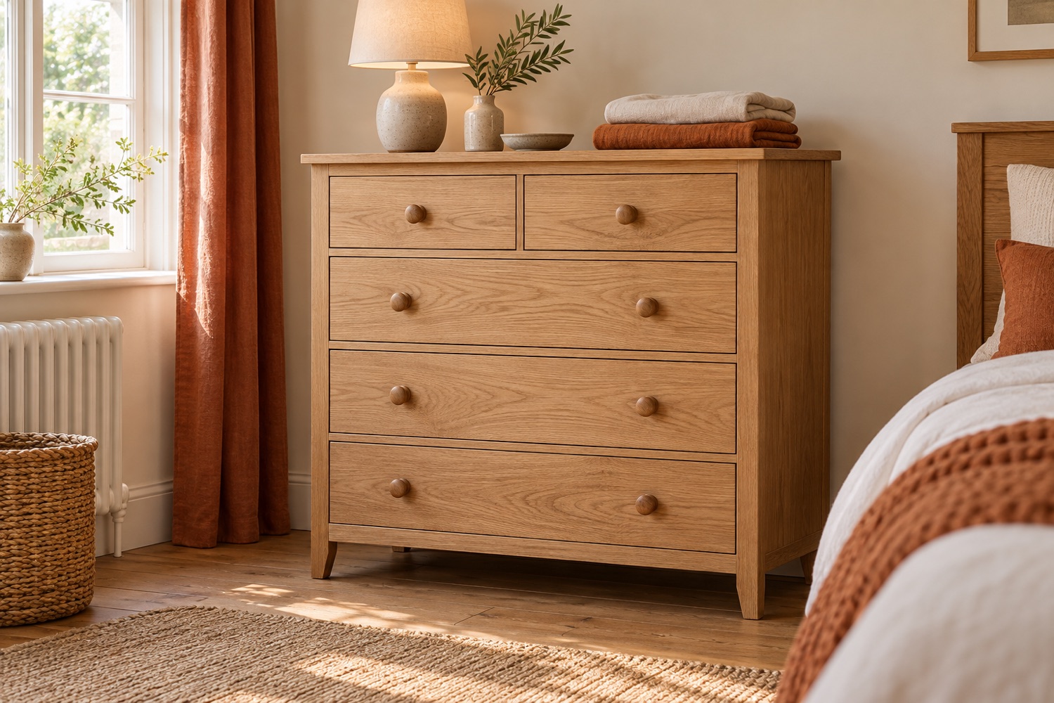AI-generated assembled oak chest of drawers in a bedroom