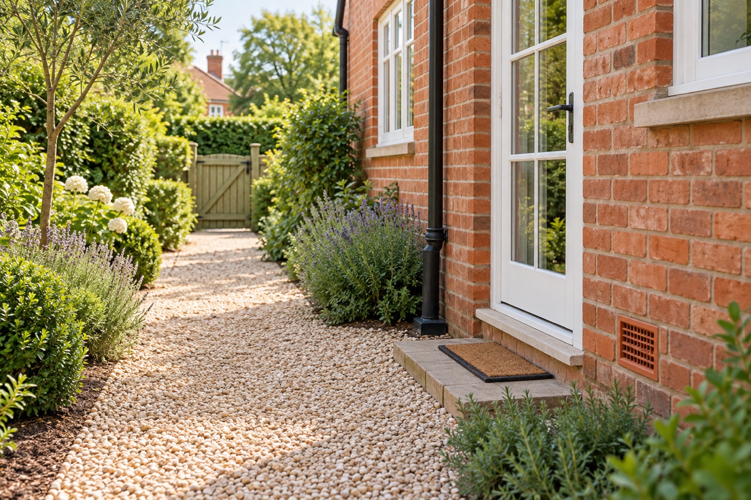 AI-generated well-maintained brick home and garden path