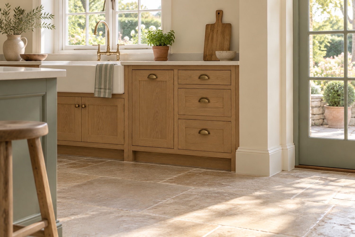 AI-generated peaceful kitchen with oak cupboards