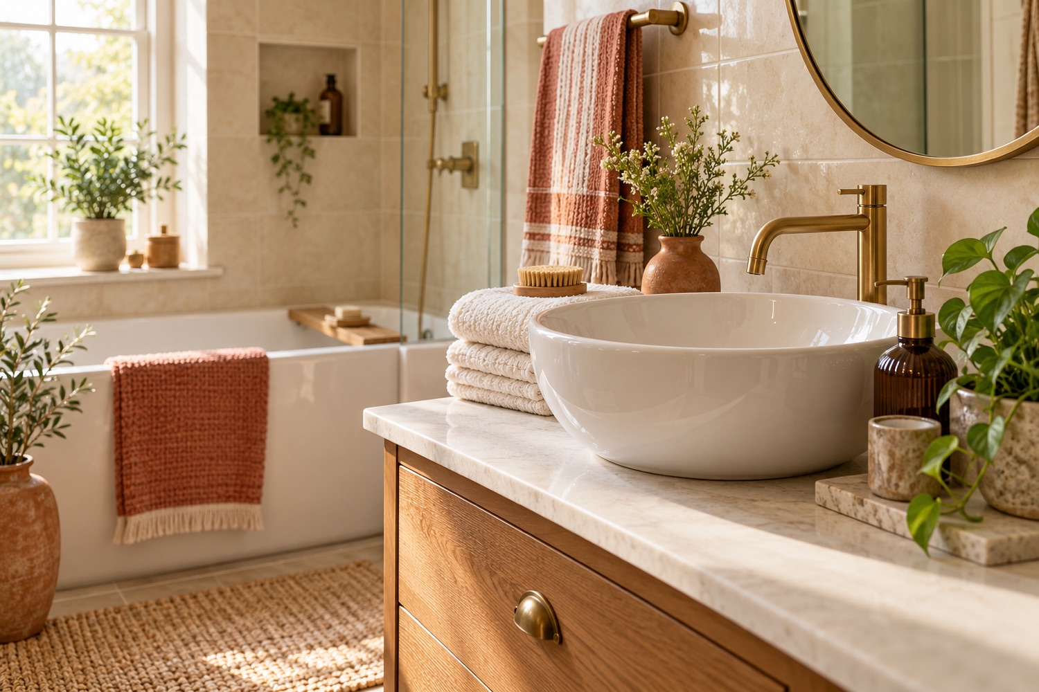 AI-generated freshly cleaned bathroom with folded towels