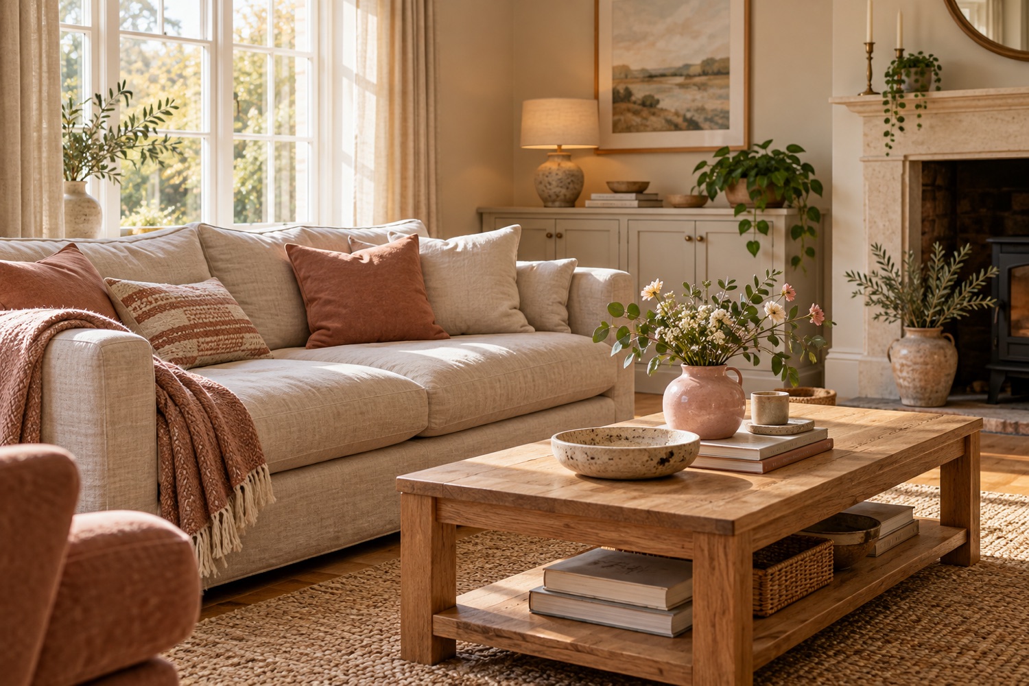 AI-generated welcoming living room with a linen sofa and oak table