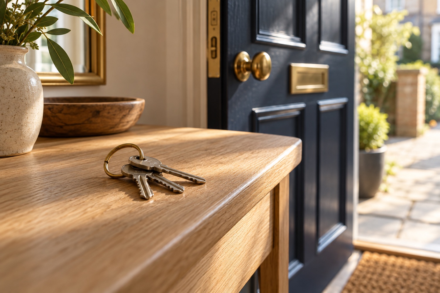 AI-generated house keys on an oak table beside a front door