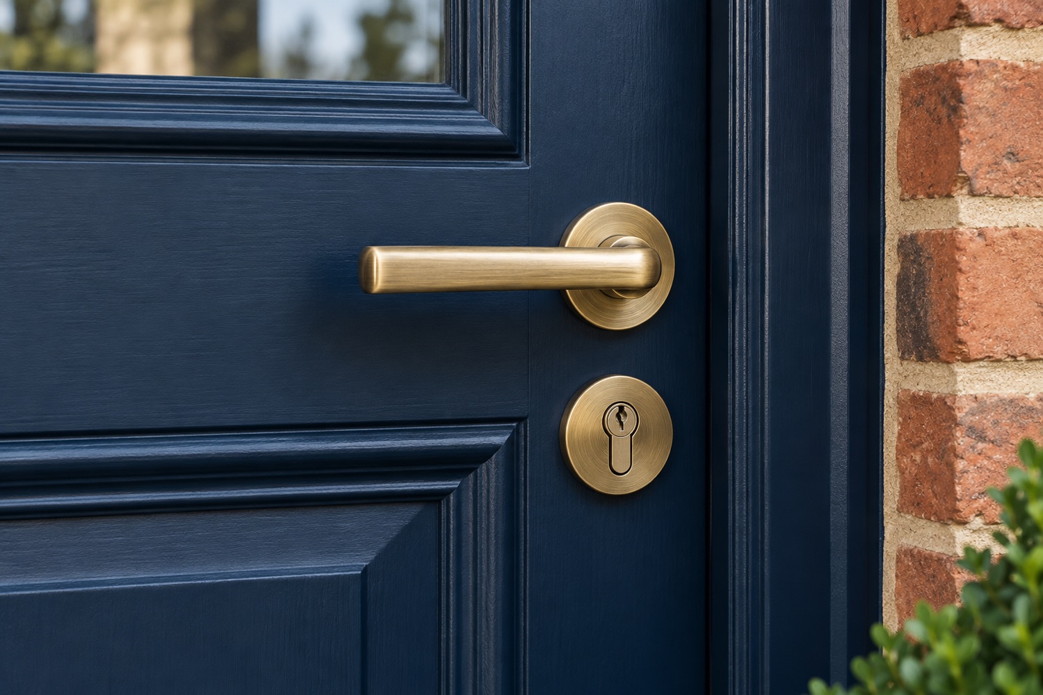 AI-generated brass door handle and lock on a navy front door