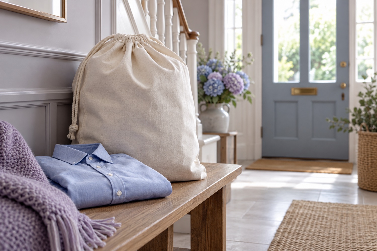AI-generated laundry bag ready for collection in a hallway
