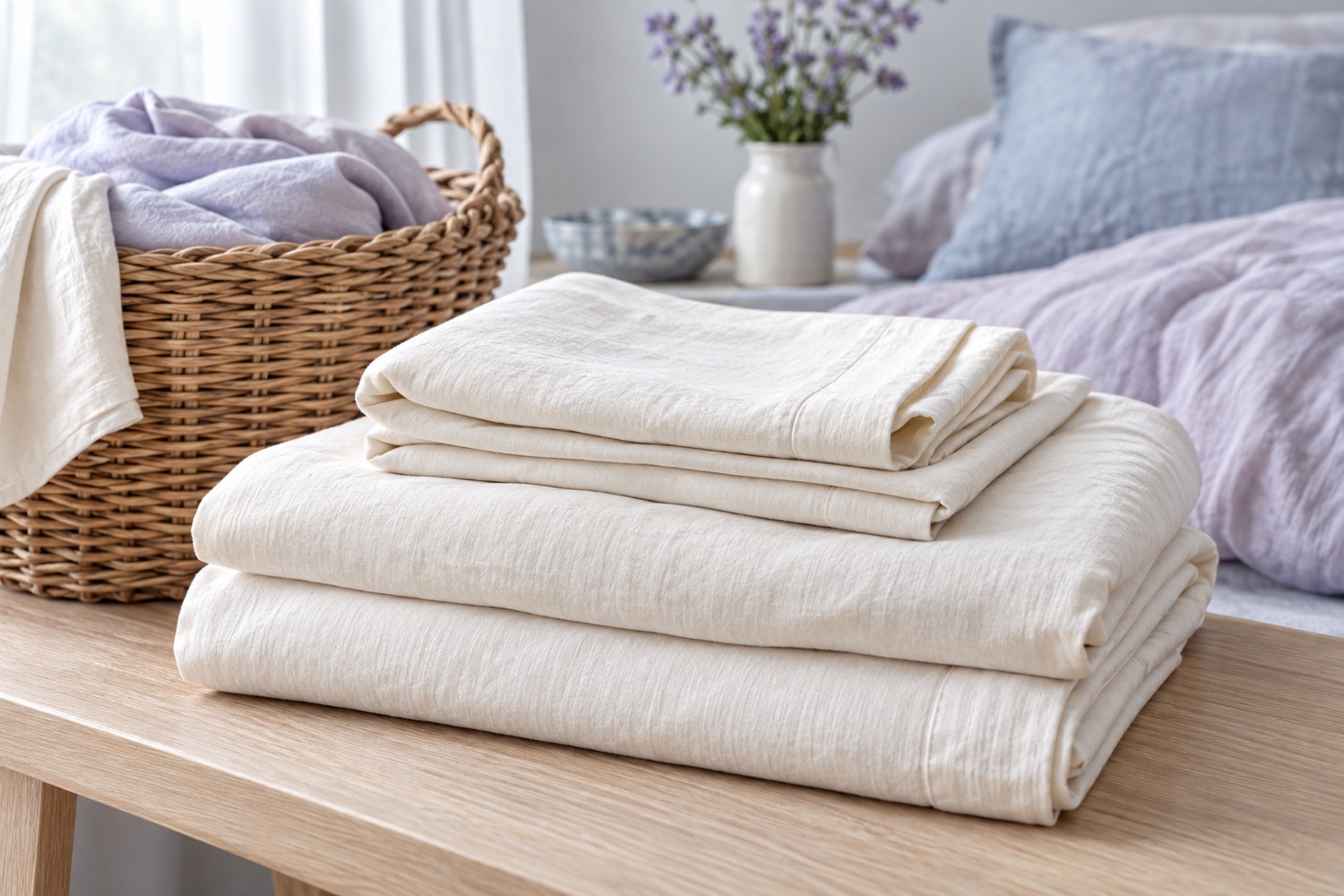 AI-generated folded fresh linen beside a laundry basket