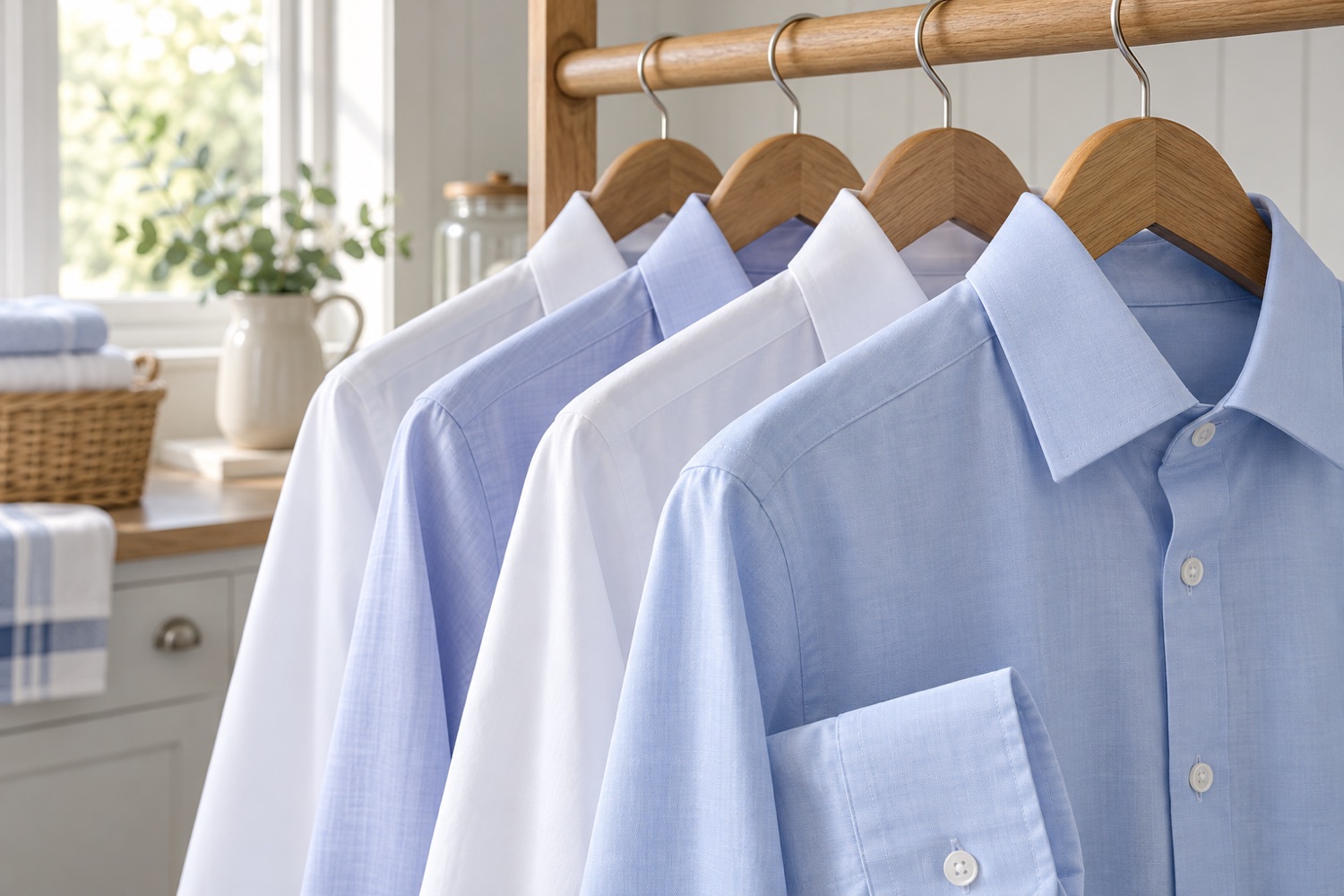 AI-generated pressed cotton shirts on wooden hangers