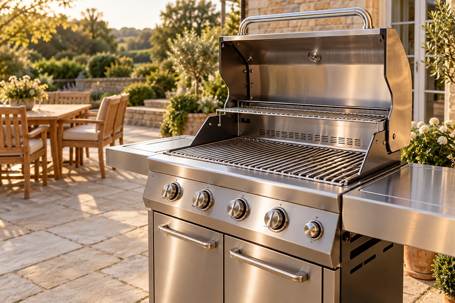 AI-generated clean stainless steel barbecue on an English garden patio