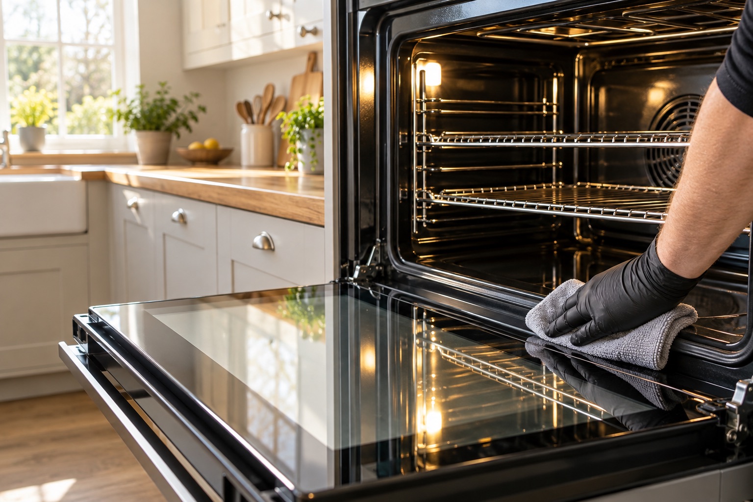 AI-generated specialist wiping a clean oven in a warm kitchen