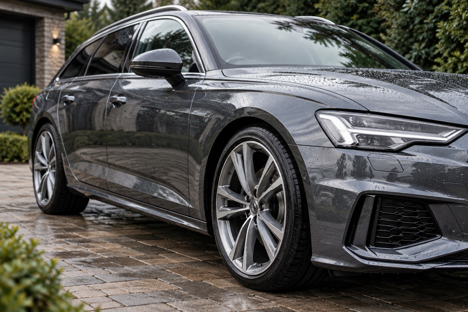 AI-generated freshly cleaned graphite car and alloy wheel