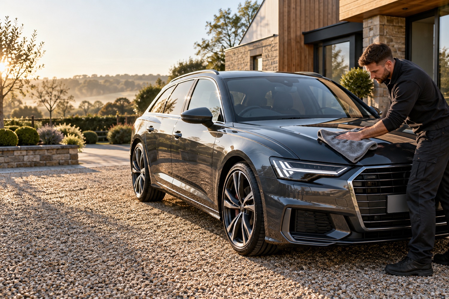 AI-generated detailer caring for a graphite estate car