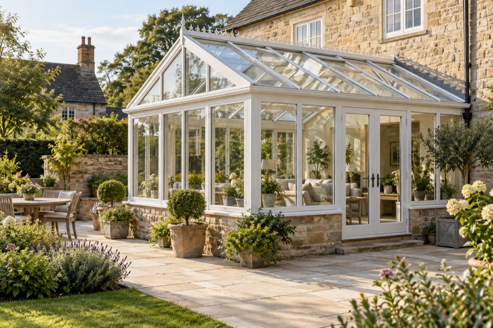 AI-generated glass conservatory beside an English stone home