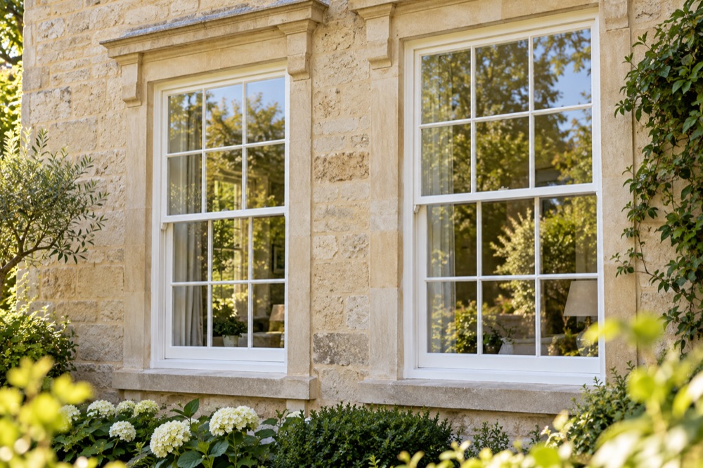 AI-generated clean sash windows reflecting a garden